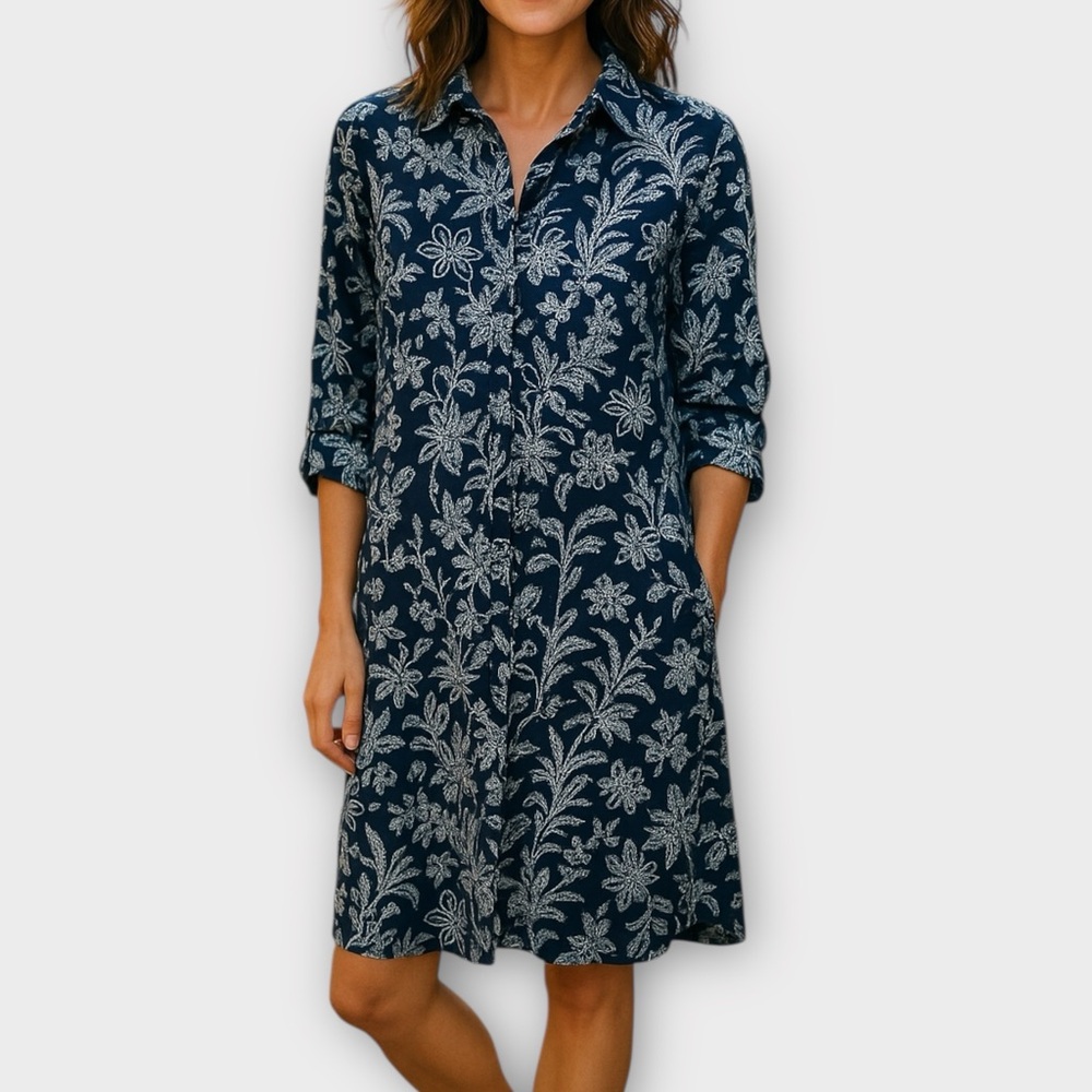 Tommy Bahama Navy and White Linen Blend Floral Tunic Shirt Dress Size L